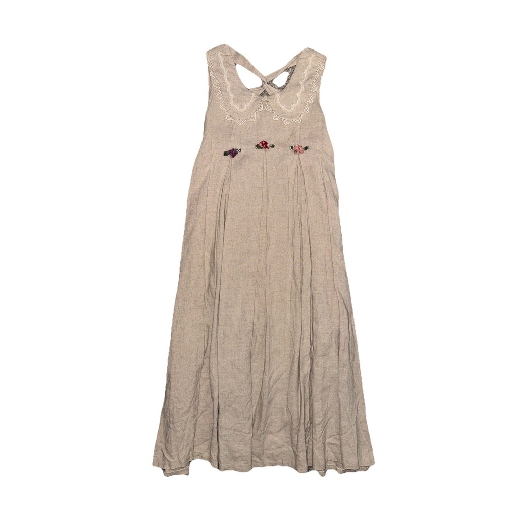 Bonnie Jean Sz Y10, Sz 4 Women's Cream Linen Blend Dres Floral Back Tie VTG 70s